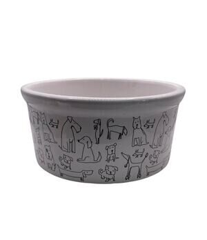Ceramic Pet Bowl Dogs White Black Drawings